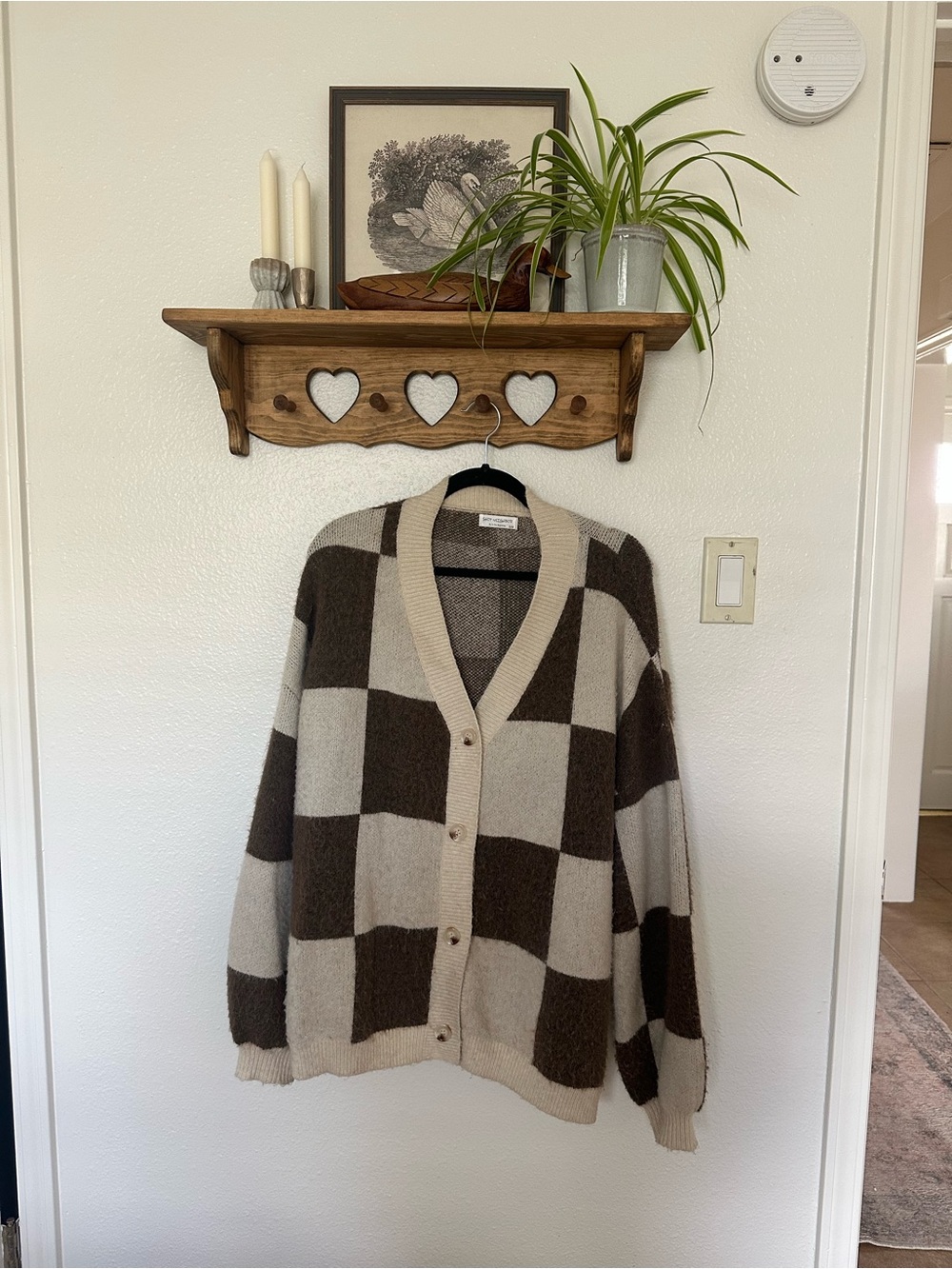 Chunky Checkerboard Cardigan Sweater - Brown / Cream